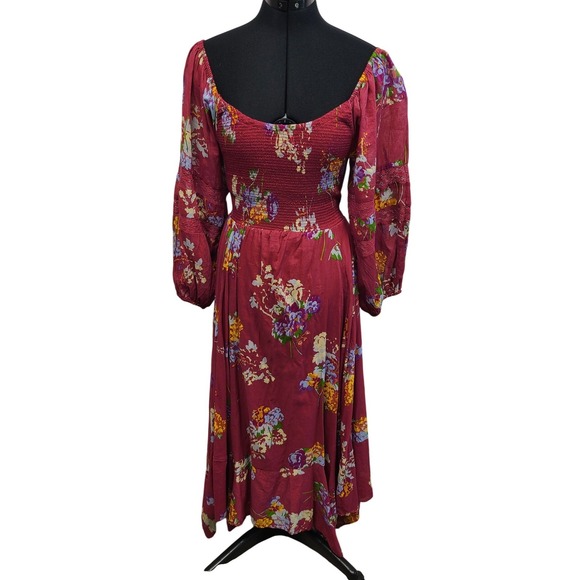 Free People Dresses & Skirts - Free People Floral Smocked Midi Dress Burgundy Red XL/XS New With Flaws